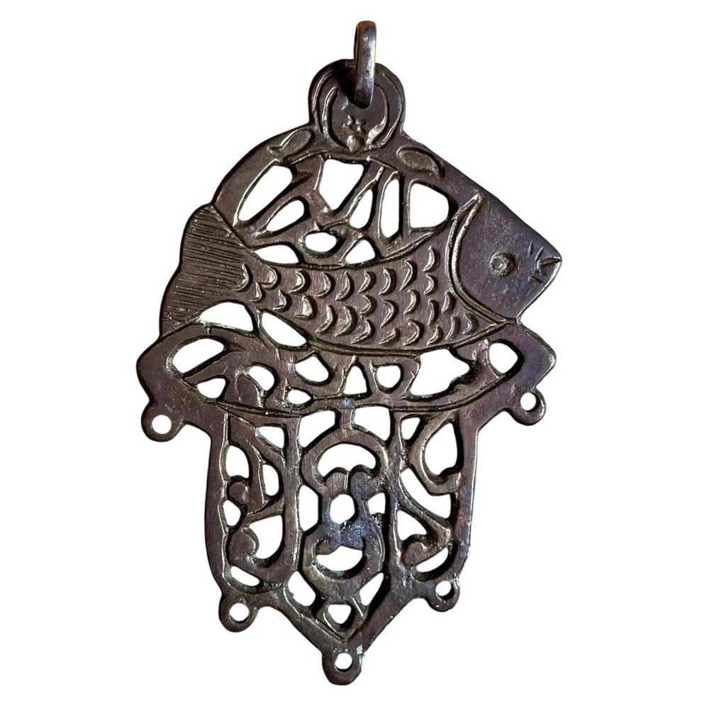 Vintage Brass Hamsa Wall Hanging Fish Mid Century Israeli Judaica Boho Spiritual - Picture 2 of 6